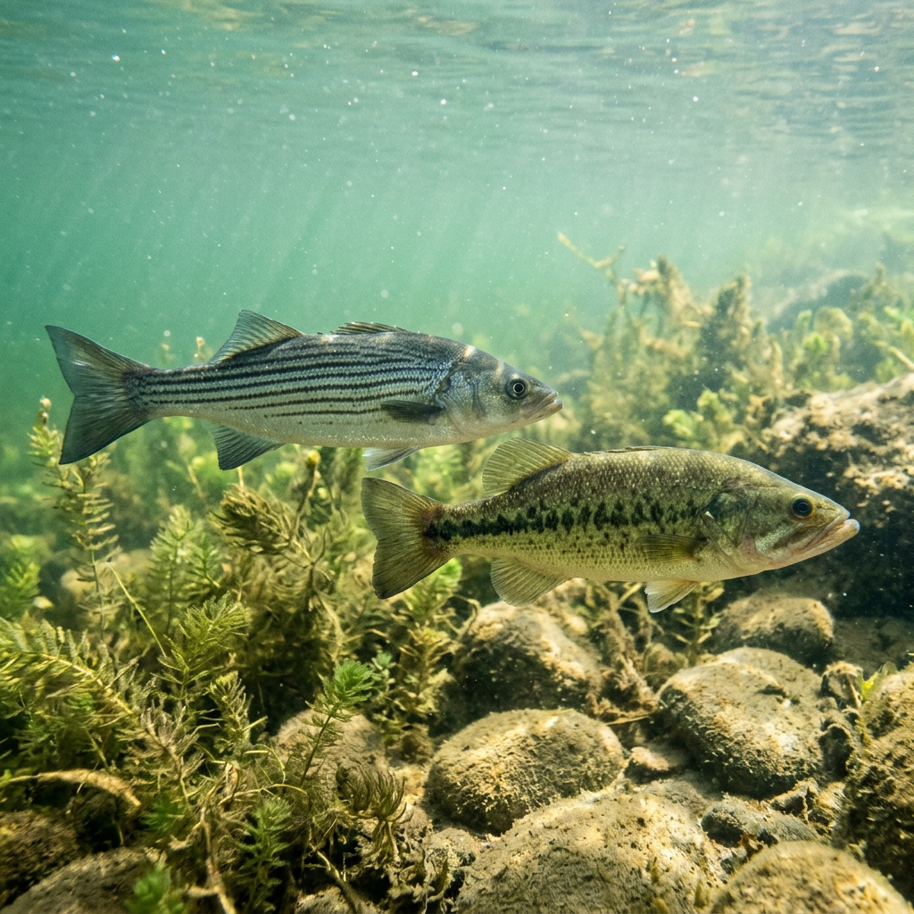 Striped bass and largemouth bass swimming over rocky and plant-covered riverbed
