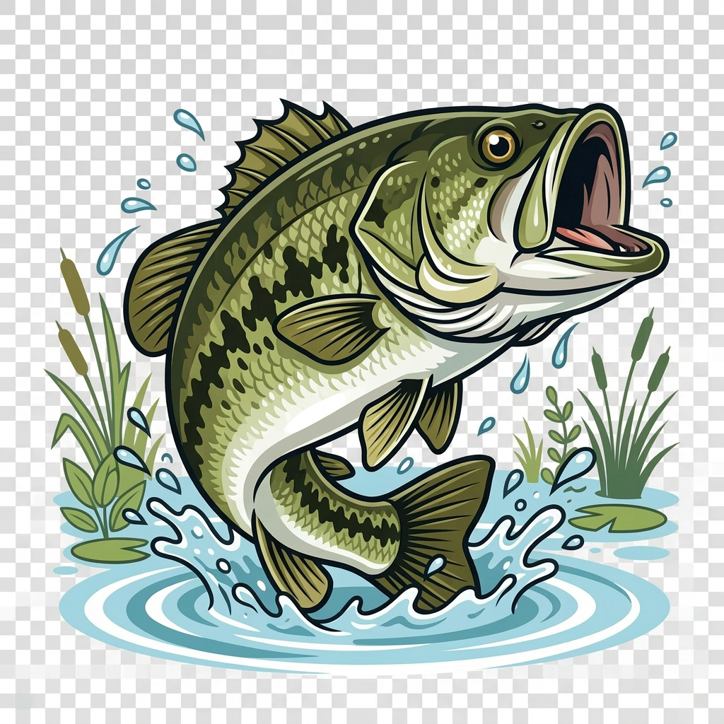 Largemouth bass jumping out of water with splashes and aquatic plants