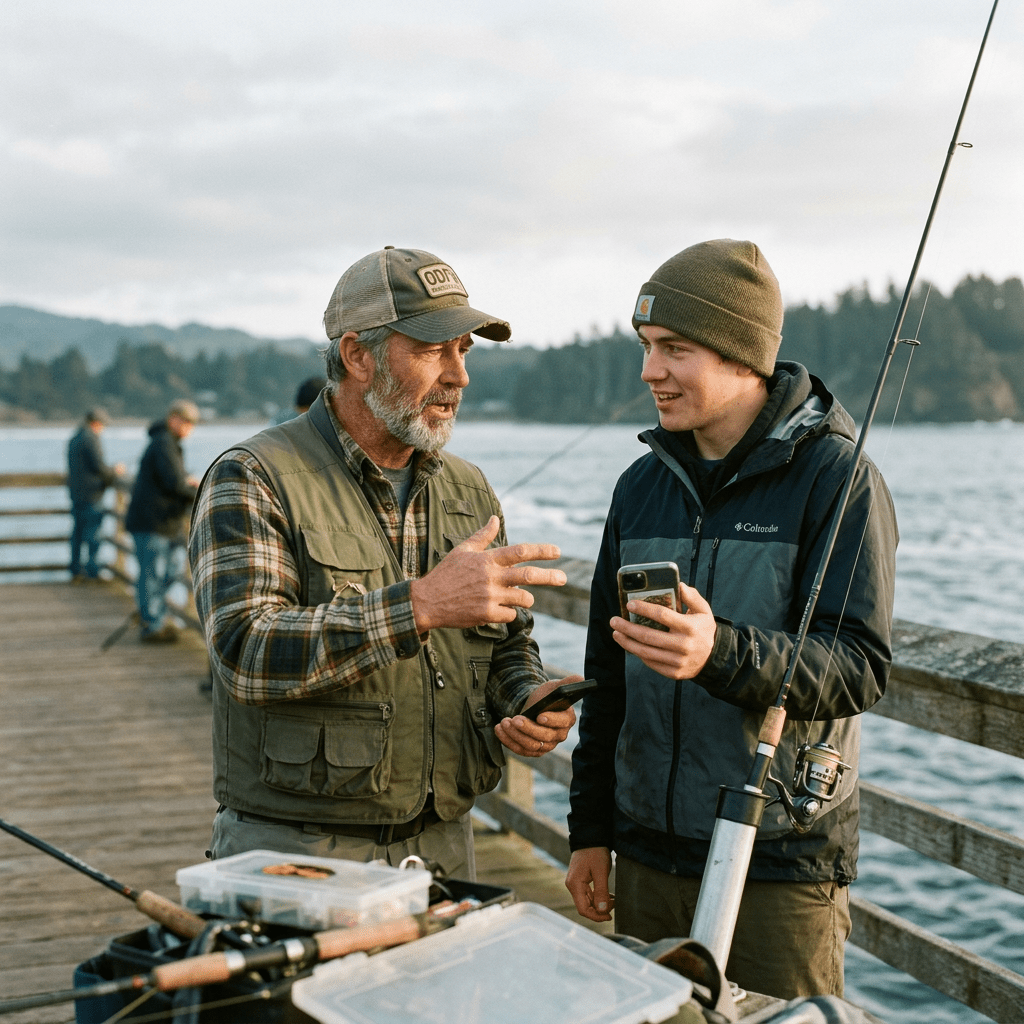 Two men on a wooden pier by water, one showing fishing tips on phone